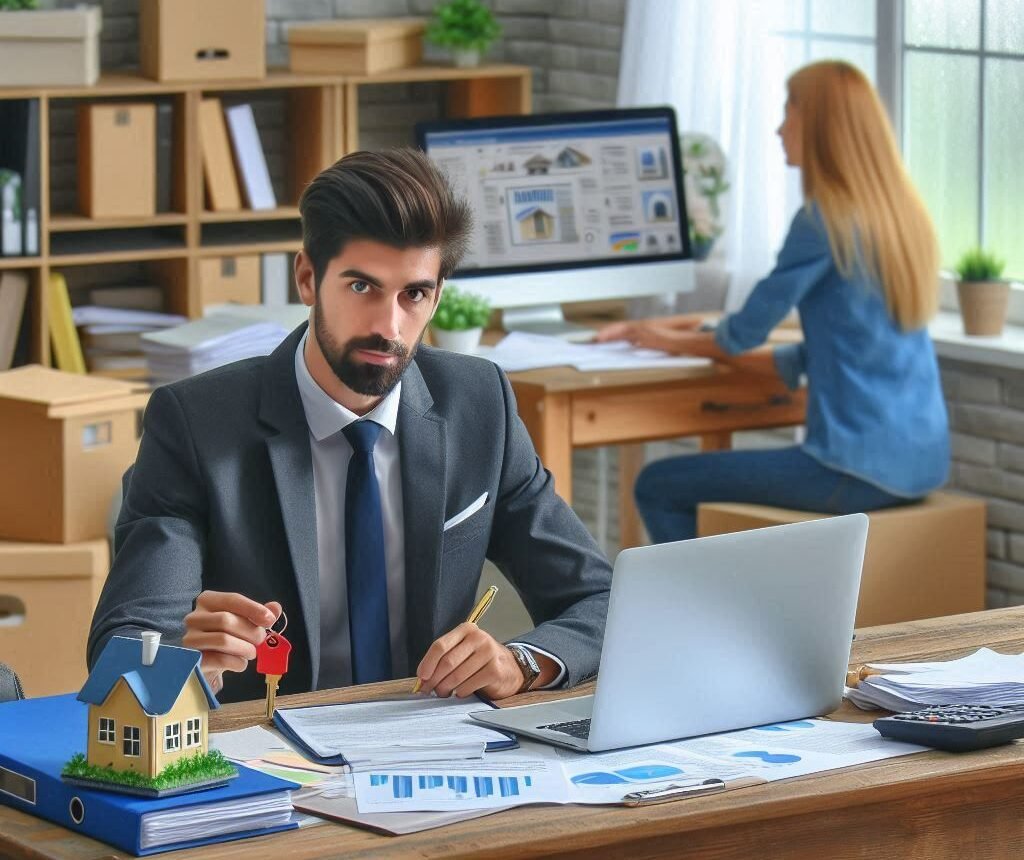 A confident real estate agent sitting on table agent offering the key of the house to the buyer