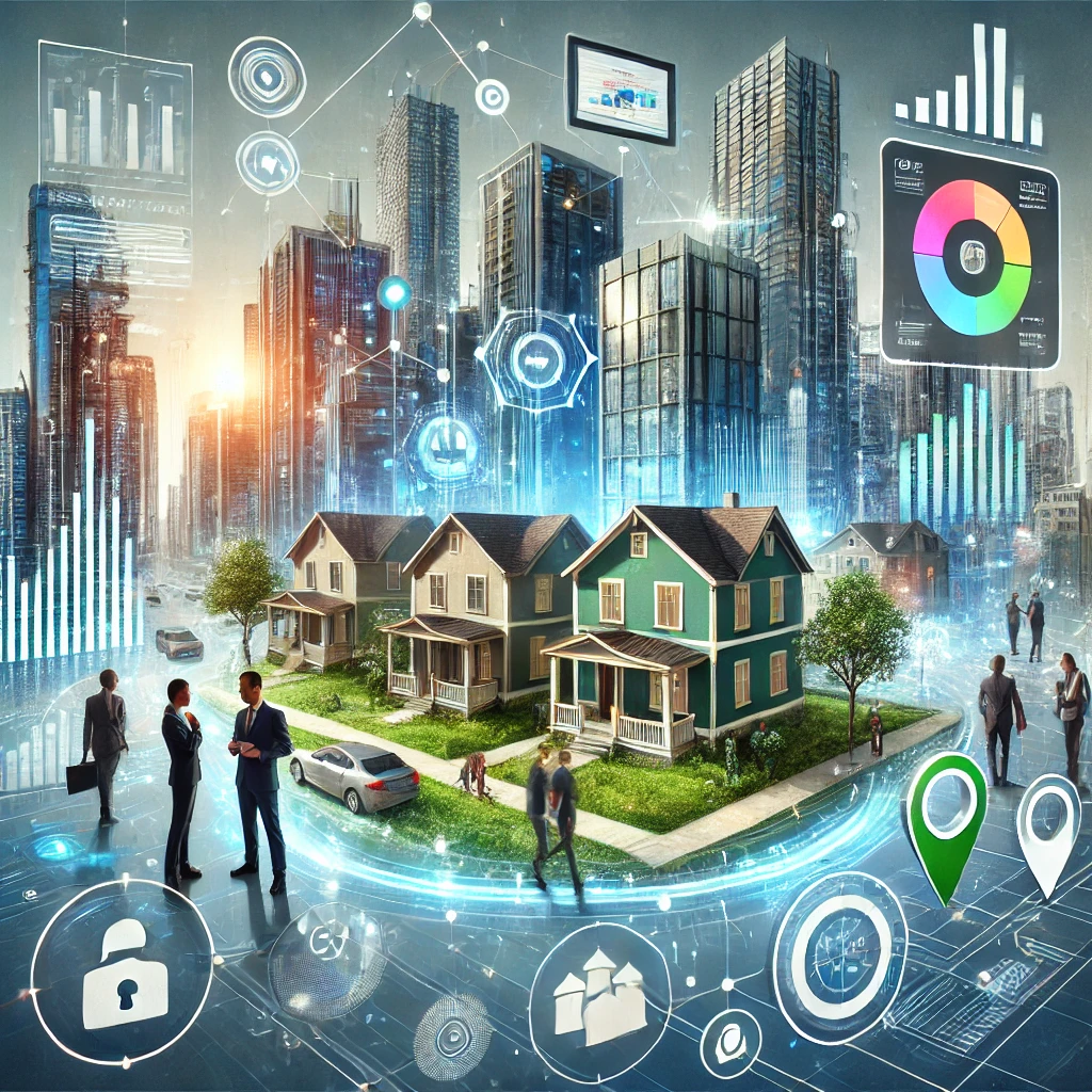 Digital representation of a real estate market with houses, car, and people moving in a virtual environment, symbolizing modern real estate advertising strategies.