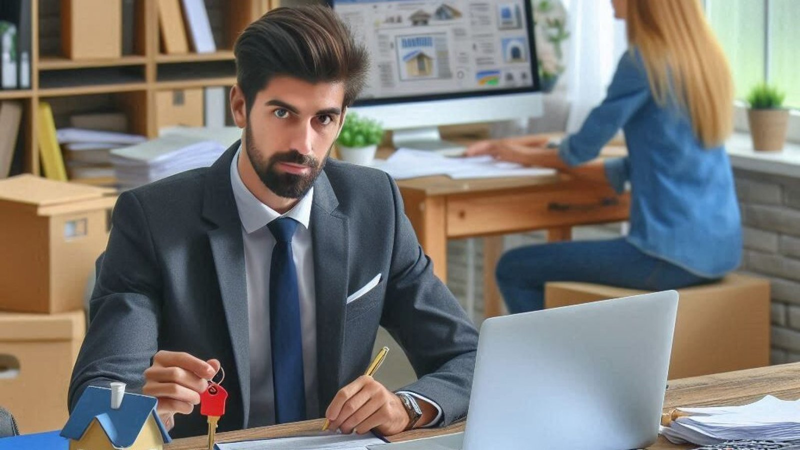 A confident real estate agent sitting on table agent offering the key of the house to the buyer