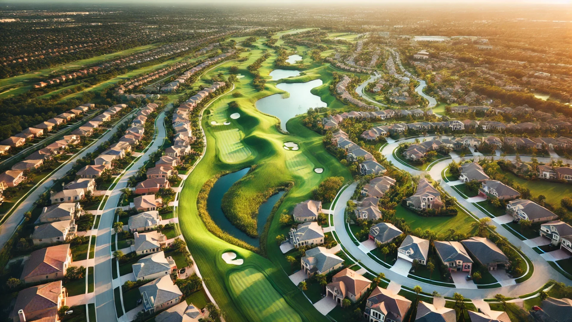 aerial view of a golf course and images of homes